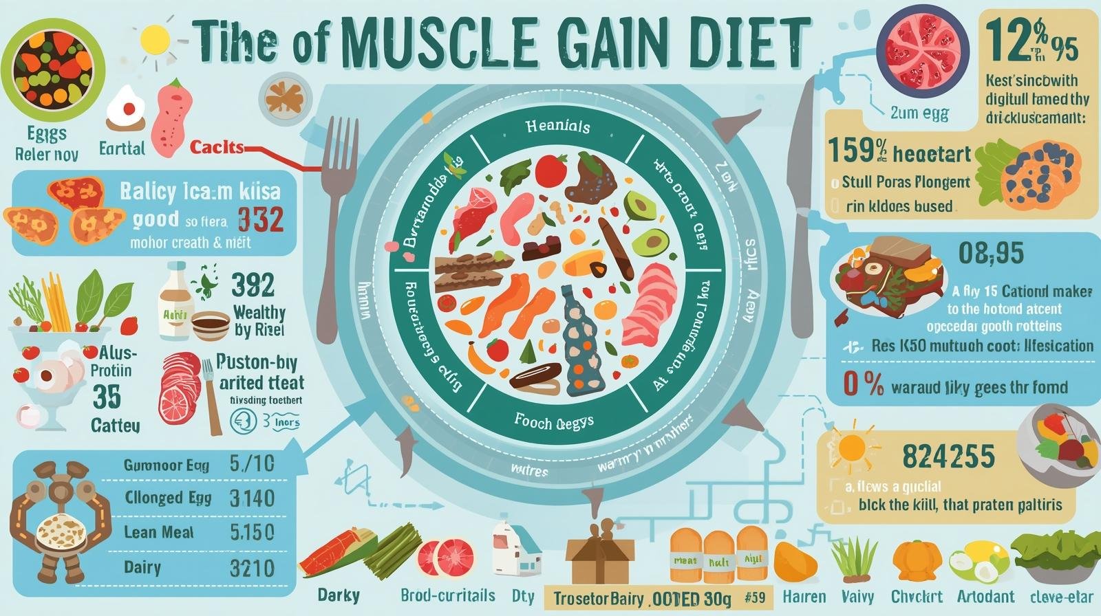 Muscle gain diet with protein-rich foods and strength training